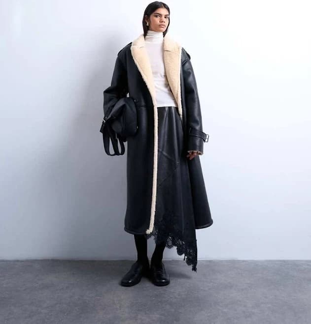 Topshop Longline Oversized Aviator Coat with Teddy Trim