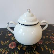 Rustic White With Black Trim Enamelware Sugar Bowl With Lid, Vintage Farmhouse Bowl With Handles - Etsy