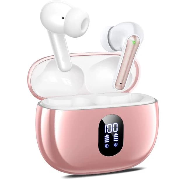 Trigiz - Wireless Earbuds with Big Bass Stereo Sound, 65 Hours Playtime, IPX7, Hands-Free Calls with AI for iPhone - Pink