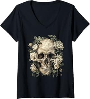 Womens Skull Roses V-Neck T-Shirt