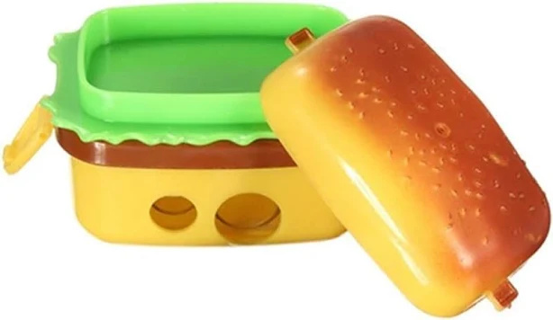 Galepromot Yellow Hamburger Pencil Sharpener, Dual-Hole Plastic Portable Cute Pencil Sharper with Container and Eraser for Kids Adults Teacher Artist