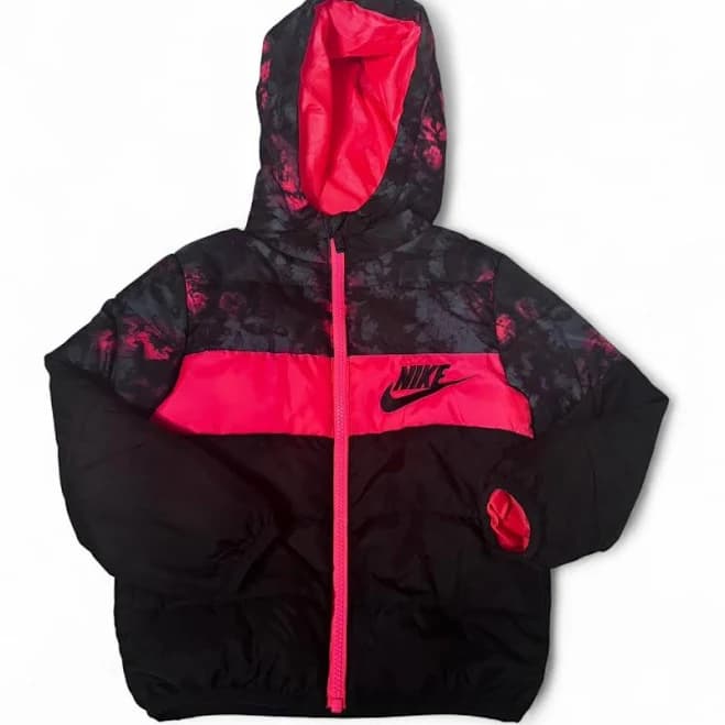 Nike Kids Black/Pink Puffer Jacket, Size 4 (XS), Insulated Hooded Outerwear