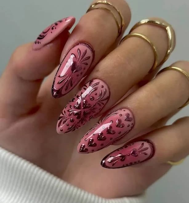 Handmade Heart Floral Valentine Cute Glamorous Press On Nails