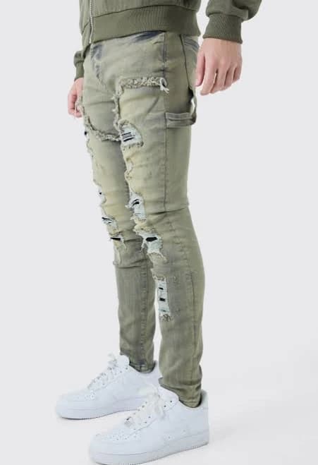 boohooMAN Men's Skinny Stretch Multi Rip Carpenter Jeans