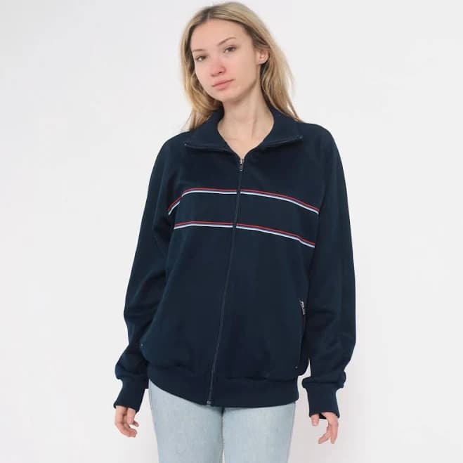 80s Track Jacket Navy Blue Red White Blue Stripe Zip Up Athletic Sporty Vintage Tracksuit Top Raglan Sleeve Warm Up Jogger Jacket Large L