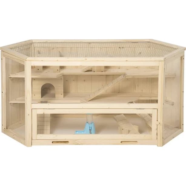 3 Tier Wooden Large Hamster Cage with Sliding Tray, Seesaws, and Water Bottle