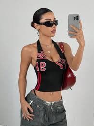 StreetHx Streetwear Women's Fashion Color Block "98" Letter Print Deep V-Neck Halter Tank Top for Sale Australia| New Collection Online| SHEIN Australia
