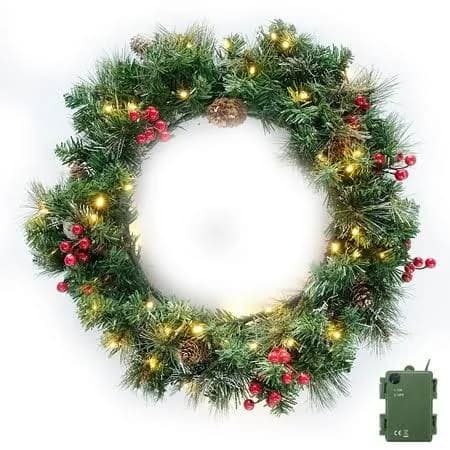 24 inch Artificial Christmas Wreath with 50 LED Green Garlands, Pinecones, and Red Berries