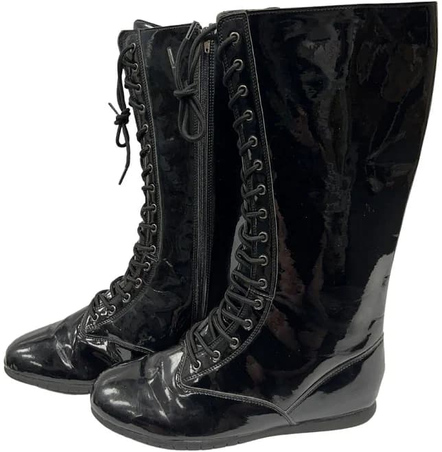 Men's Pro Wrestling Costume Knee High Black Boots - Patent Leather, Flat Lace Up & Zippers, Textured Rubber Soles