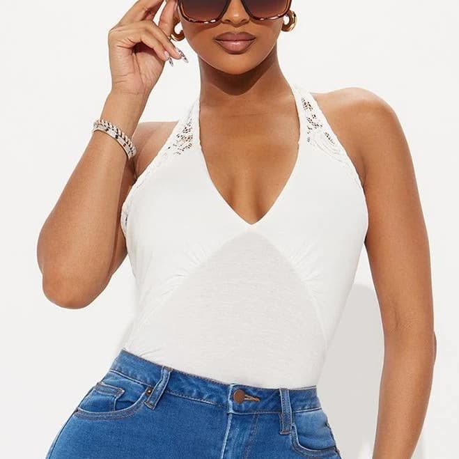 fashion nova Lace Trim Ruched Sleeveless V-Neck Halter Top