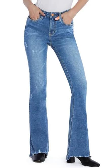 Hint of Blu Women's Distressed High Waist Flare Jeans