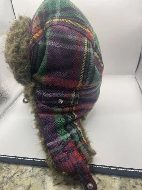 Plaid Faux Fur Trapper Hat Purple Green