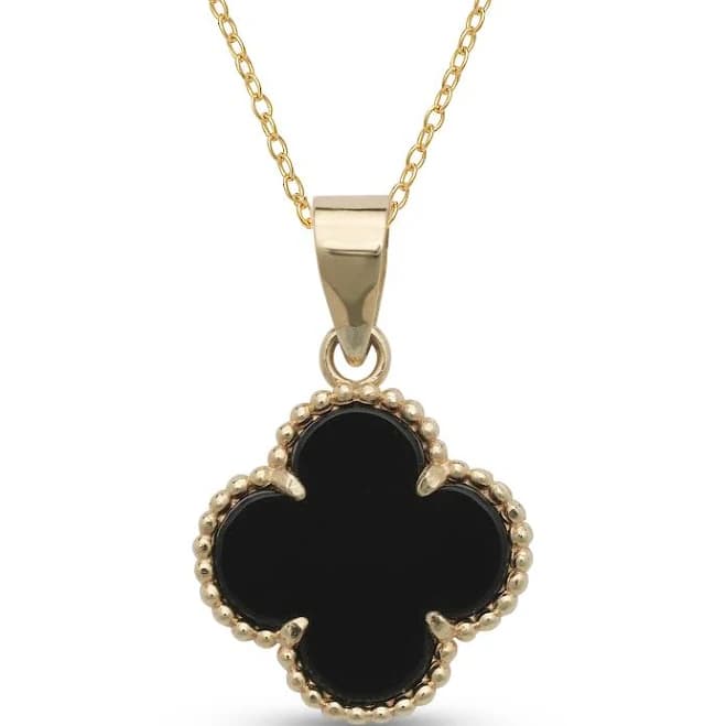 14K Yellow Gold Four-Leaf Clover Pendant Necklace with Black Onyx, White Pearl, or Green
