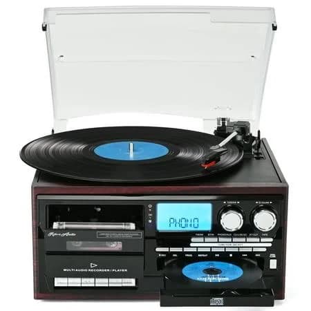 Retroaudio Record Player 10 in 1 3 Speed Bluetooth in/out Turntable CD Cassette Player Am/fm Radio Usb/sd Recorder Aux-in RCA Line-out