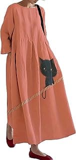 Casual Fall Dress Flowy Oversized Maxi Boho Cotton Long Sleeve Loose Boat Neck Swing Graphic T Shirt Dress