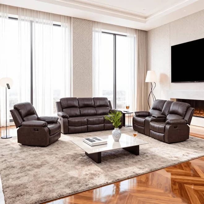 Gewnee 3-Piece Living Room Air Leather Recliner Sofa Set with Console and Cup Holders
