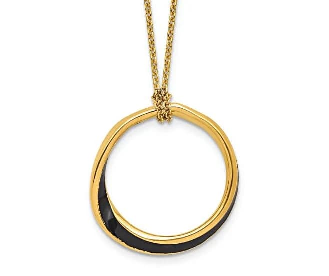 18K Yellow Gold Over Sterling Silver Black Enameled Circle Pendant Cable Link Necklace