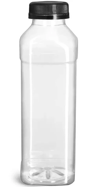 16 oz Clear PET Tall Square Beverage Bottles w/ Black Polypropylene Tamper Evident Caps (Case of 12) | SKS Bottle & Packaging