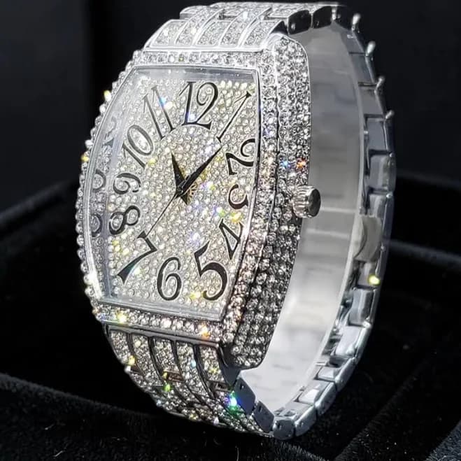 Iced Out Crystal Oval Dial Silver Bracelet Wristwatch