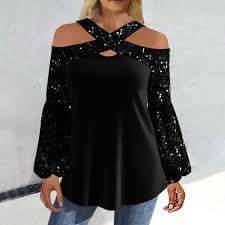 Sequin Tops Womens Vintage Off Shoulder Long Sleeve Shirts Flowy Tunic Blouse Sparkly Bling T-Shirts Disco Outfit Black at Amazon Women's Clothing store