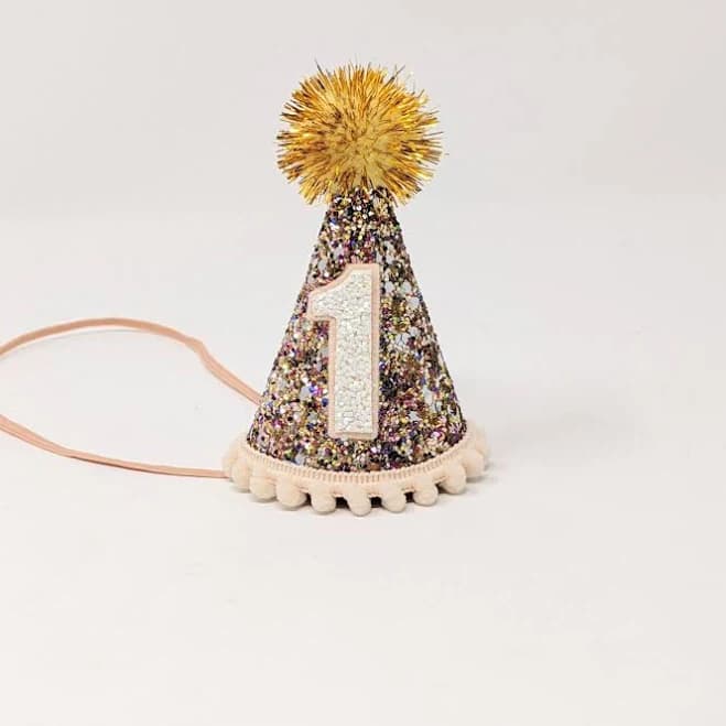 Confetti Felt Party Hat with Blush Trim and Gold Tinsel Pom: 1
