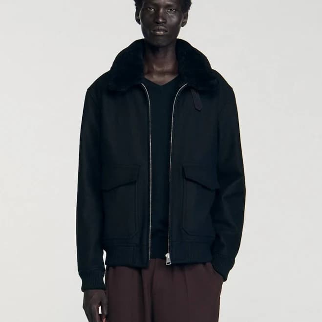 Sandro Men's Wool aviator jacket with shearling