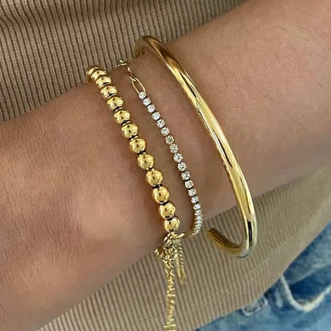 18K Gold The Fine Edit Beaded Chain Tennis Cuff Bangle Bracelet Stack