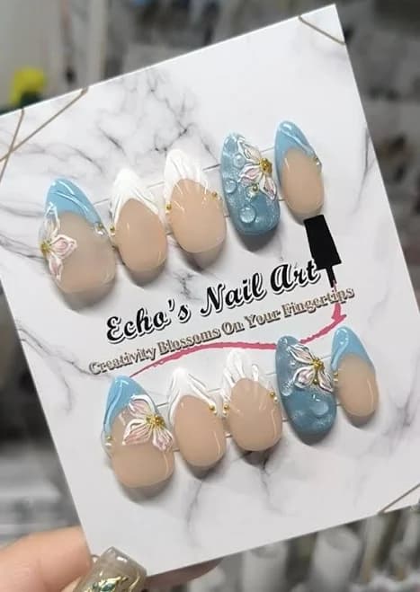 3D Blue French Tip Press On Nails: Hand Drawn Flower Almond Nails