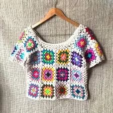 Handmade Crochet Granny Square Crop Top: Colorful Boho Festival ClothesGift