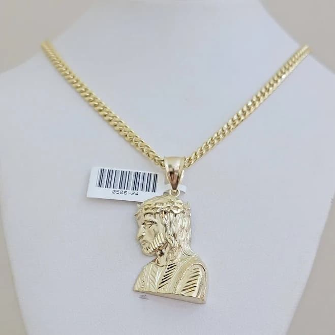 10K Gold Miami Cuban Link Chain Jesus Head Charm Pendant Set