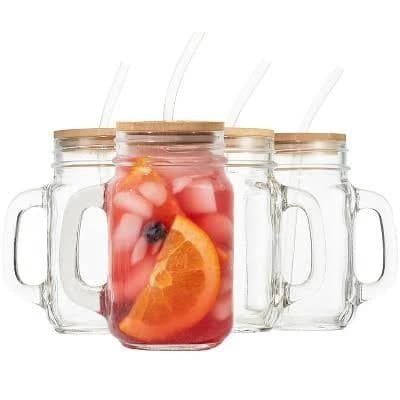 16 oz Glass Mason Drinking Jars with Bamboo Lids and Straw