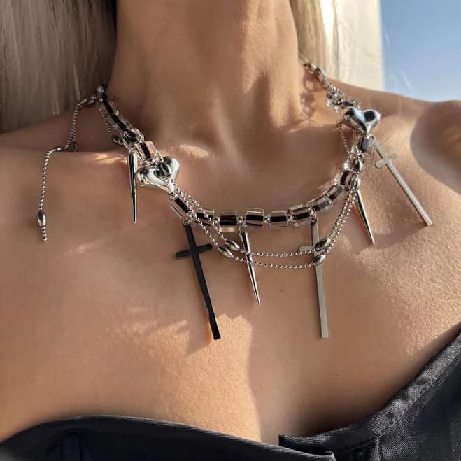 Y2K Gothic Cross Spike Choker Necklace