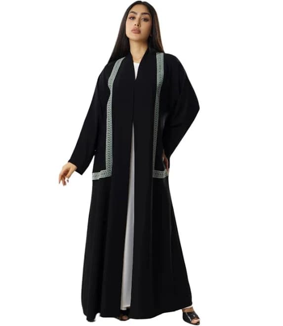 Open Abaya with Mint Embroidered Trim