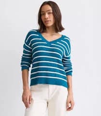 Women's Loft Petite Striped Stitchy V-Neck Sweater