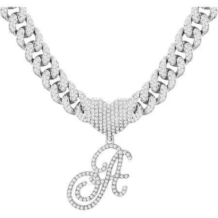 Cursive Silver Initial Pendant Miami Cuban Link Chain Necklace