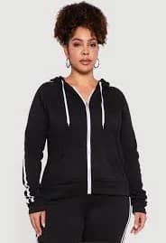 Plus Size Zip Front Hoodie with Varsity Stripe Detail - BLACK/WHITE / 1X