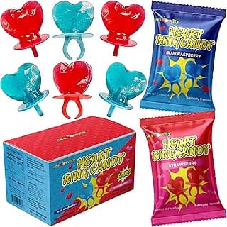 30 Pack Valentines Day Ring Candy Bulk – Individually Wrapped Blue & Red Heart Shaped Wearable Candy Lollipops Ring, Party Pack For Kids Valentines Day Classroom Exchange, Goodie Bag Filler, Berry Flavor