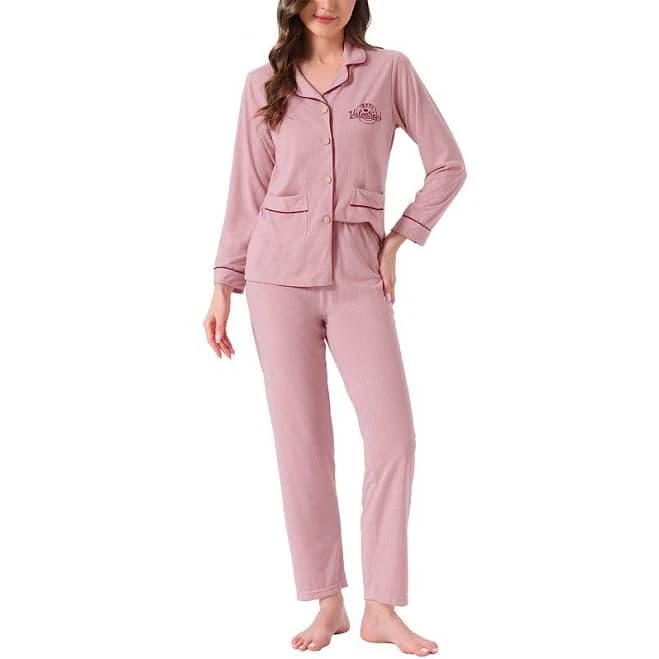 Women's Lounge Set Cotton Ribbed Button Up Long Sleeve Top Pants with Pocket Pajama Set Loungewear, Size: Medium, Pink