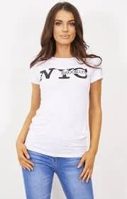 femme luxe White ‘NYC Brooklyn’ Slogan Print T-Shirt - Elissara Store | Clothing