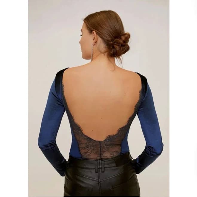 Mango Tops | Nwot Velvet Blue And Black Lace Open Back Bodysuit | Color: Black/Blue | Size: Xxs | Archivegemsco's Closet