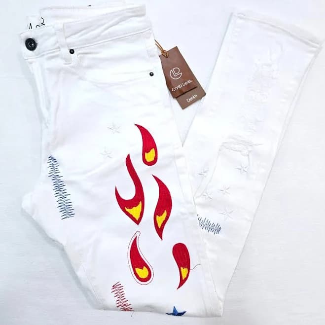 Crysp Denim Premium Men's White Jeans Patch Work Design Distressed