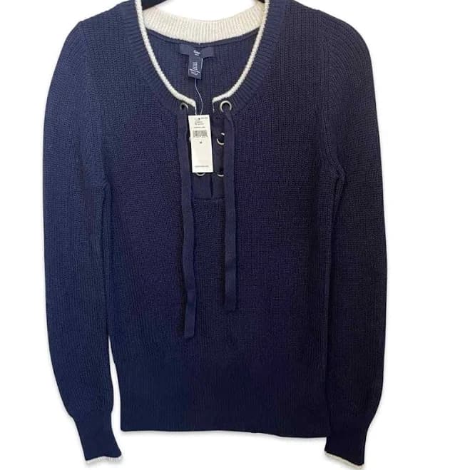 Gap Blue White Collar Trim Lace Up Pullover Sweater Size Medium
