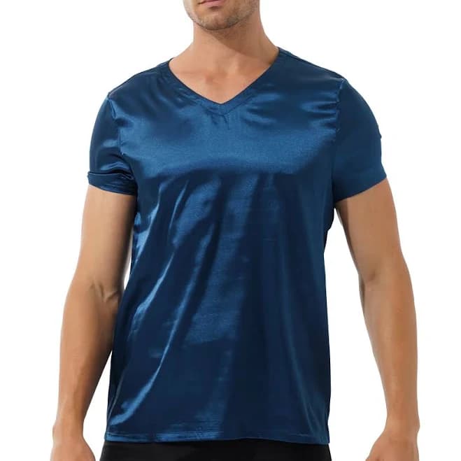Men's Satin Solid Color Pajamas Tops Short Sleeve V Neck Loose T-shirt
