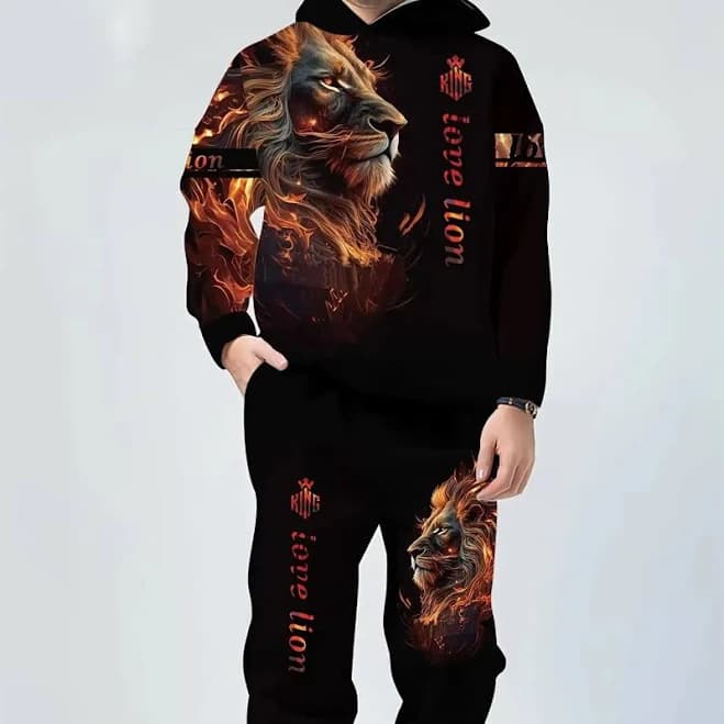 Men's 3D Lion Print Hooded Sweatshirt and Sweatpants Set