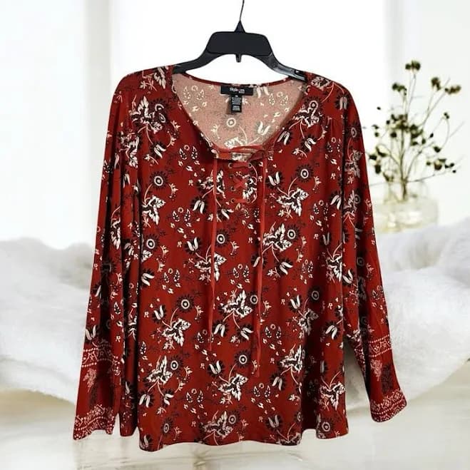 Style & Co Women's Lace Up Tie Front Long Sleeve Floral Blouse Plus 1x