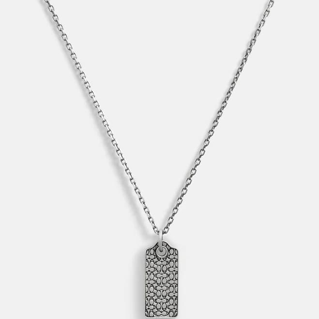 Coach Sterling Silver Quilted Hangtag Long Pendant Necklace