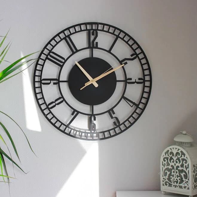 Large Modern Metal Wall Clock with Roman Numerals - Black Industrial Open Frame Wall Clock, Minimalist Home Decor, Silent Quartz Clock