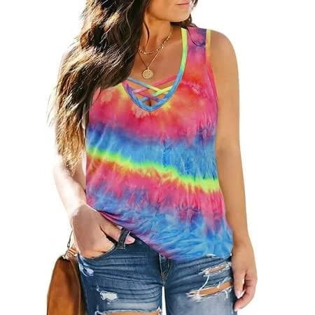 Cassie LIZ Women's Plus Size Sleeveless Tank Tops Rainbow Tie Dye Loose Fit Shirts Fashion Oversized Camisole Casual Tees V Neck Spring Summer