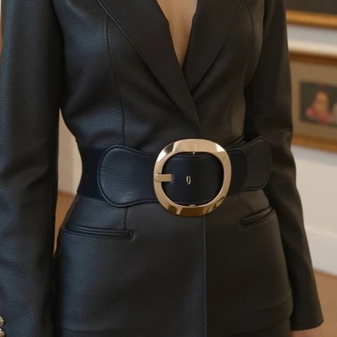 Women Black Wide Elastic Waistband Fashion Belt Gold Round Buckle