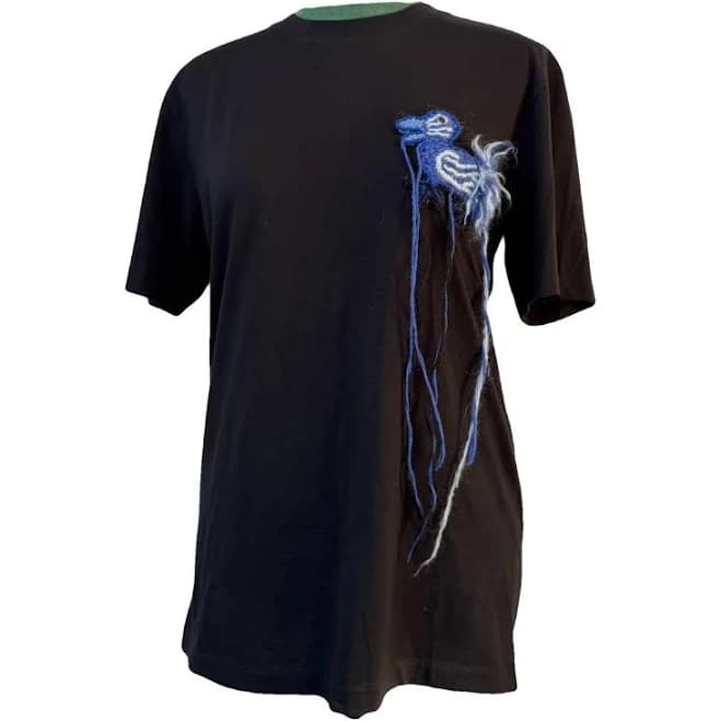 Loewe Black Cotton T-Shirt with Embroidered Blue Bird Detail
